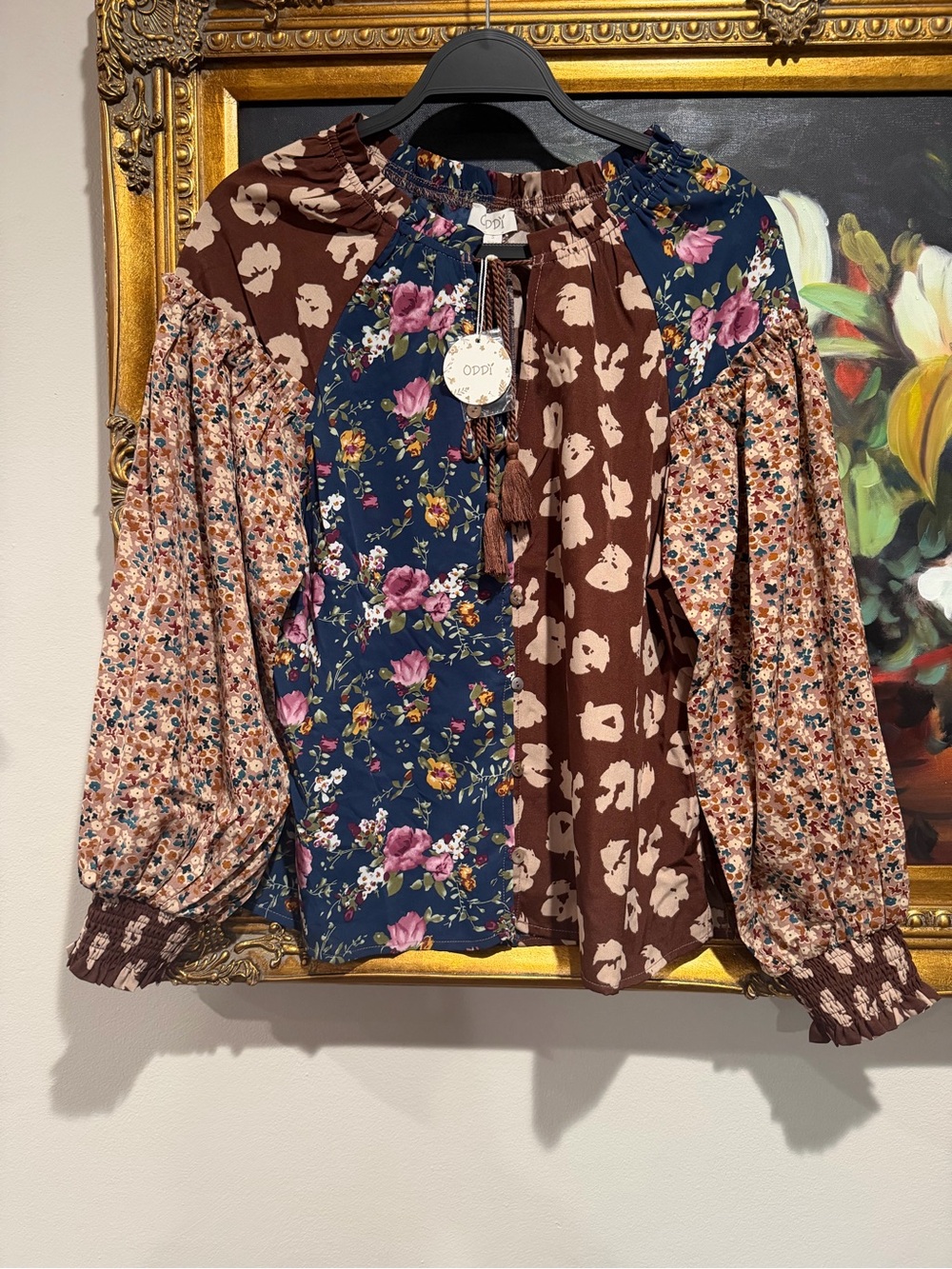 ODDY Patchwork Floral Peasant Blouse in Brown & Navy